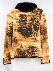 Daniela Drei 2000s Amber Animal Print Knit Jacket with Fur Collar - S/M