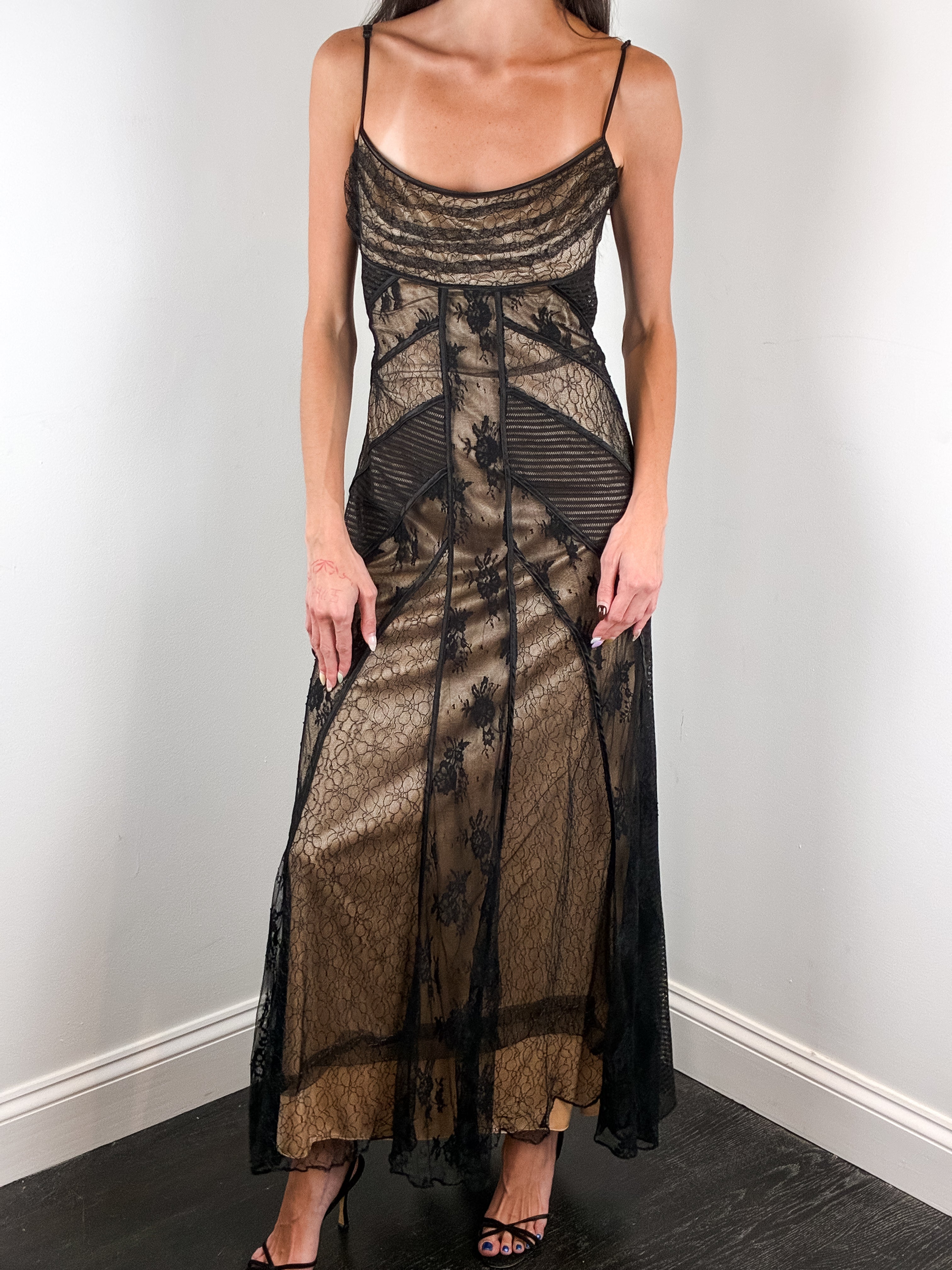Sagaie Paris 2000s Black Panelled Lace Maxi Dress - M/L