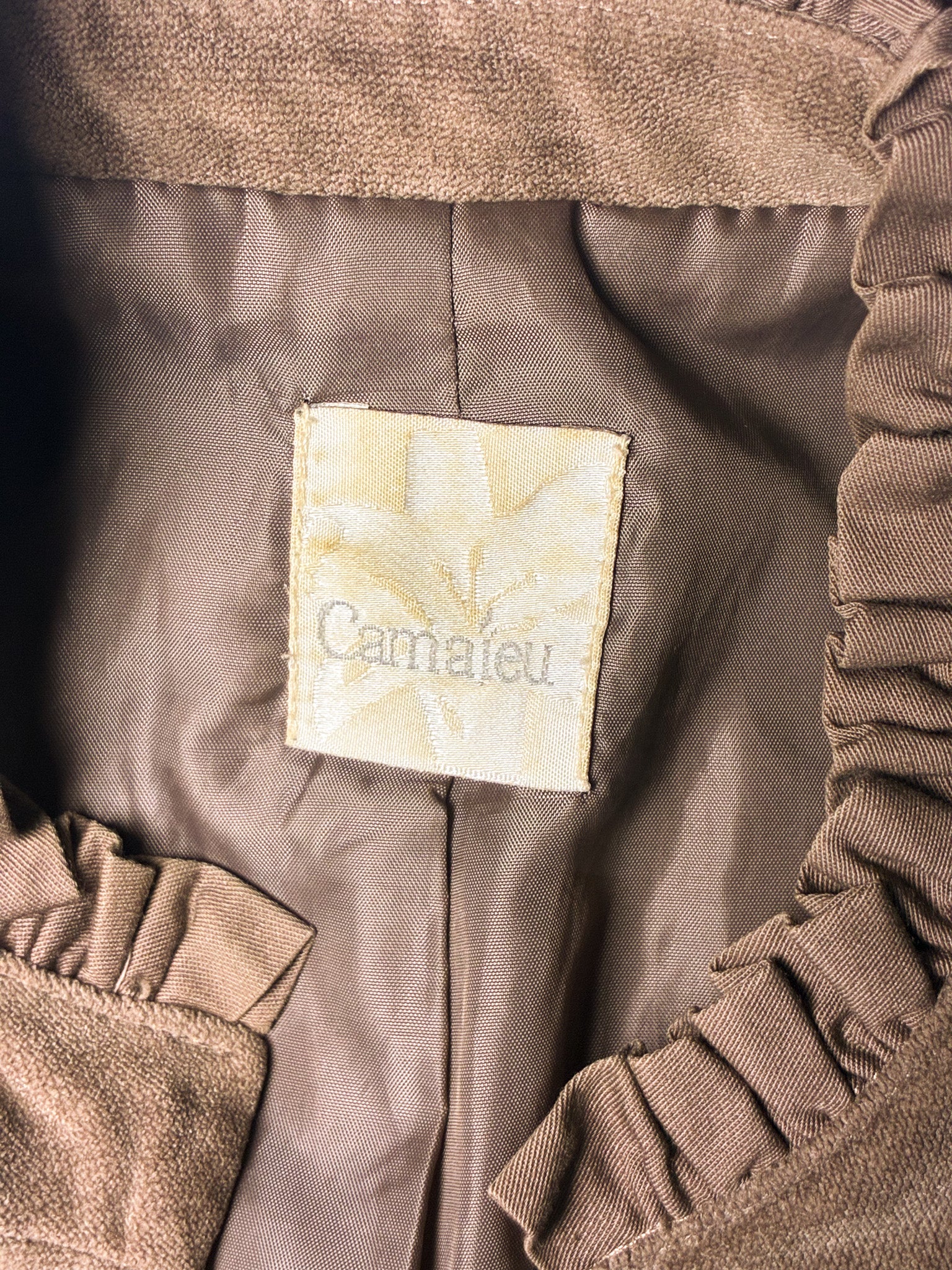 2000s Taupe Faux Suede Ruffle-Trim Jacket - S