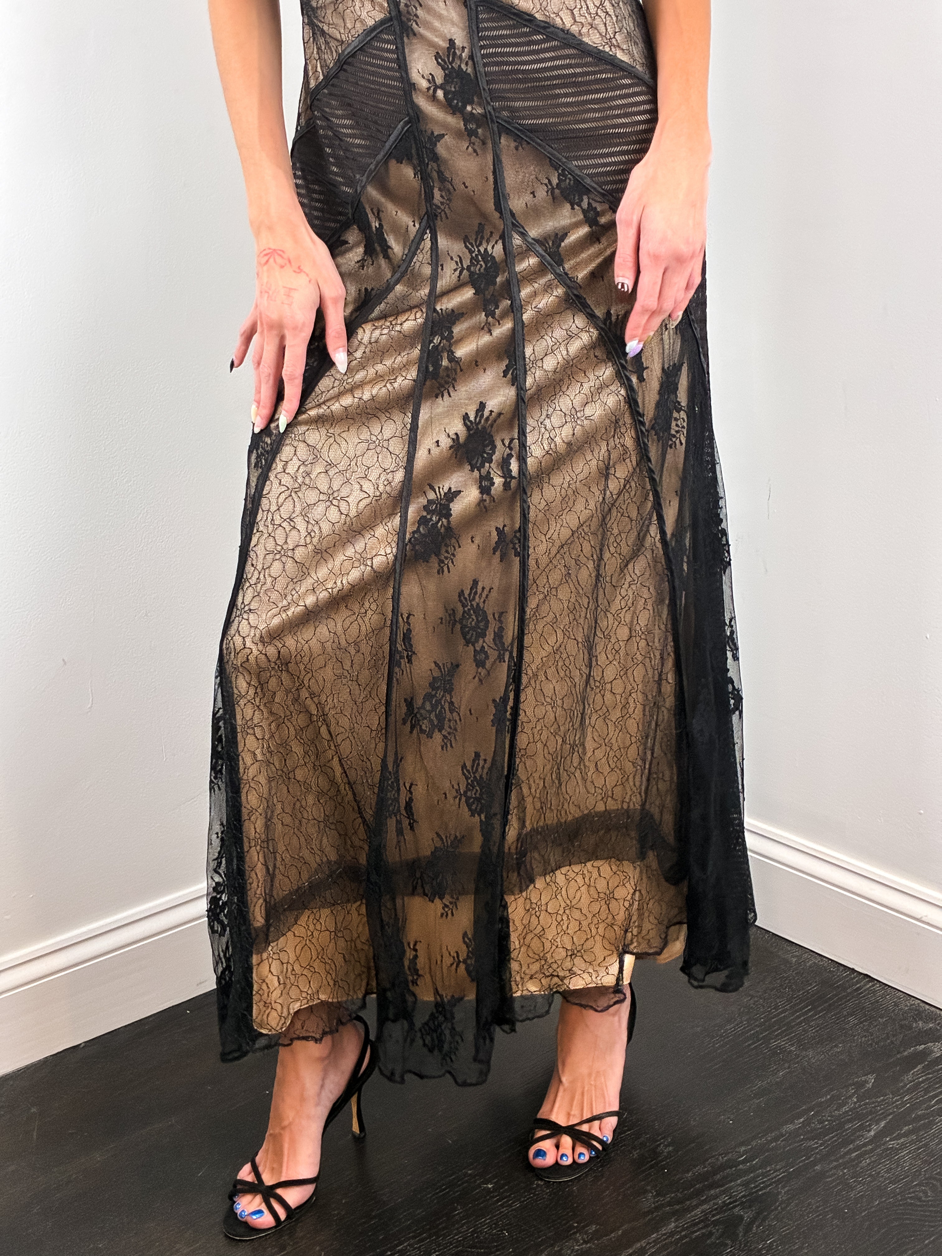 Sagaie Paris 2000s Black Panelled Lace Maxi Dress - M/L