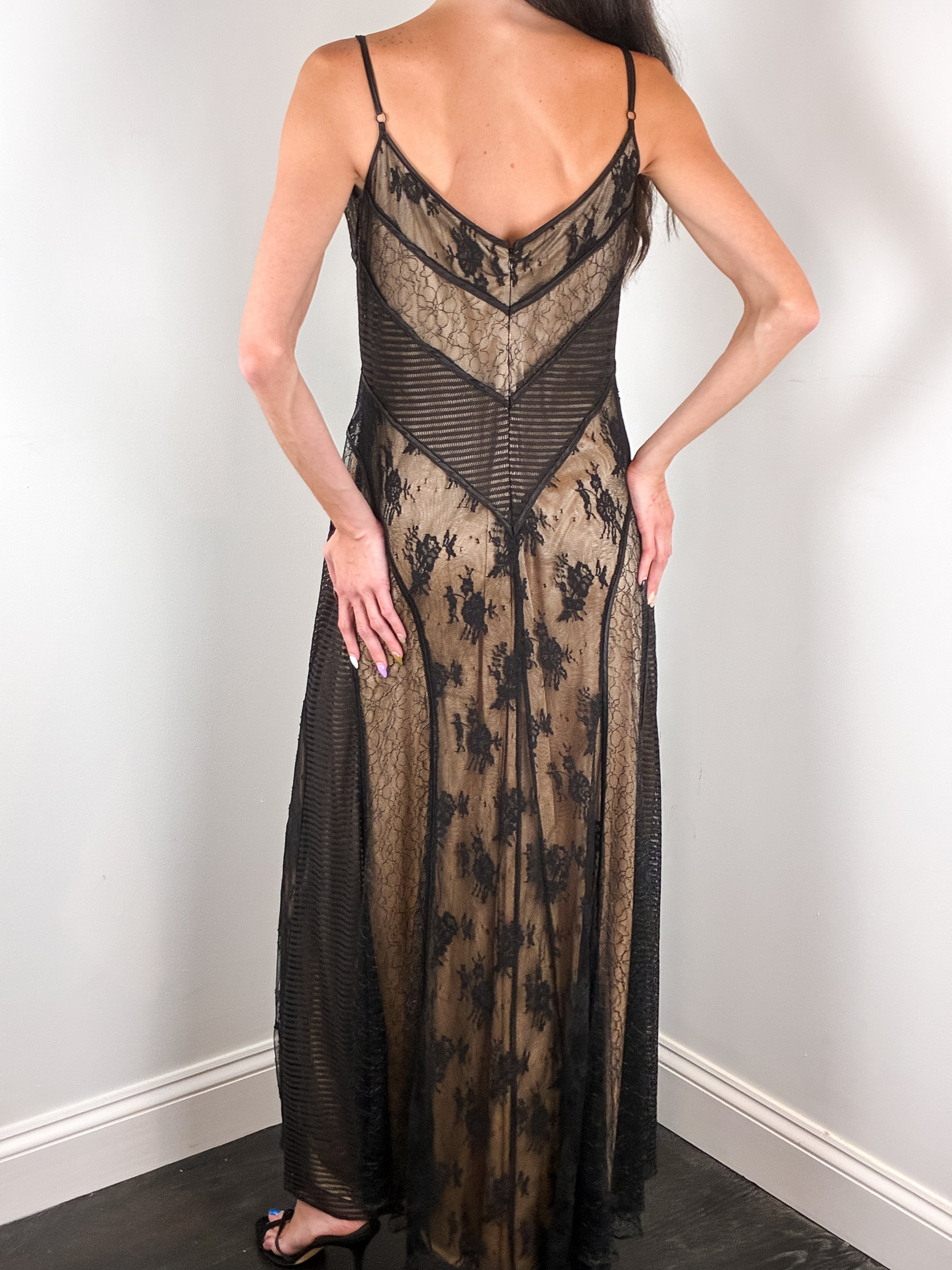 Sagaie Paris 2000s Black Panelled Lace Maxi Dress - M/L
