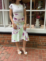 Just Cavalli 2000s Cream Purple Floral Watercolor Tee and Midi Skirt Set - S