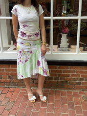 Just Cavalli 2000s Cream Purple Floral Watercolor Tee and Midi Skirt Set - S