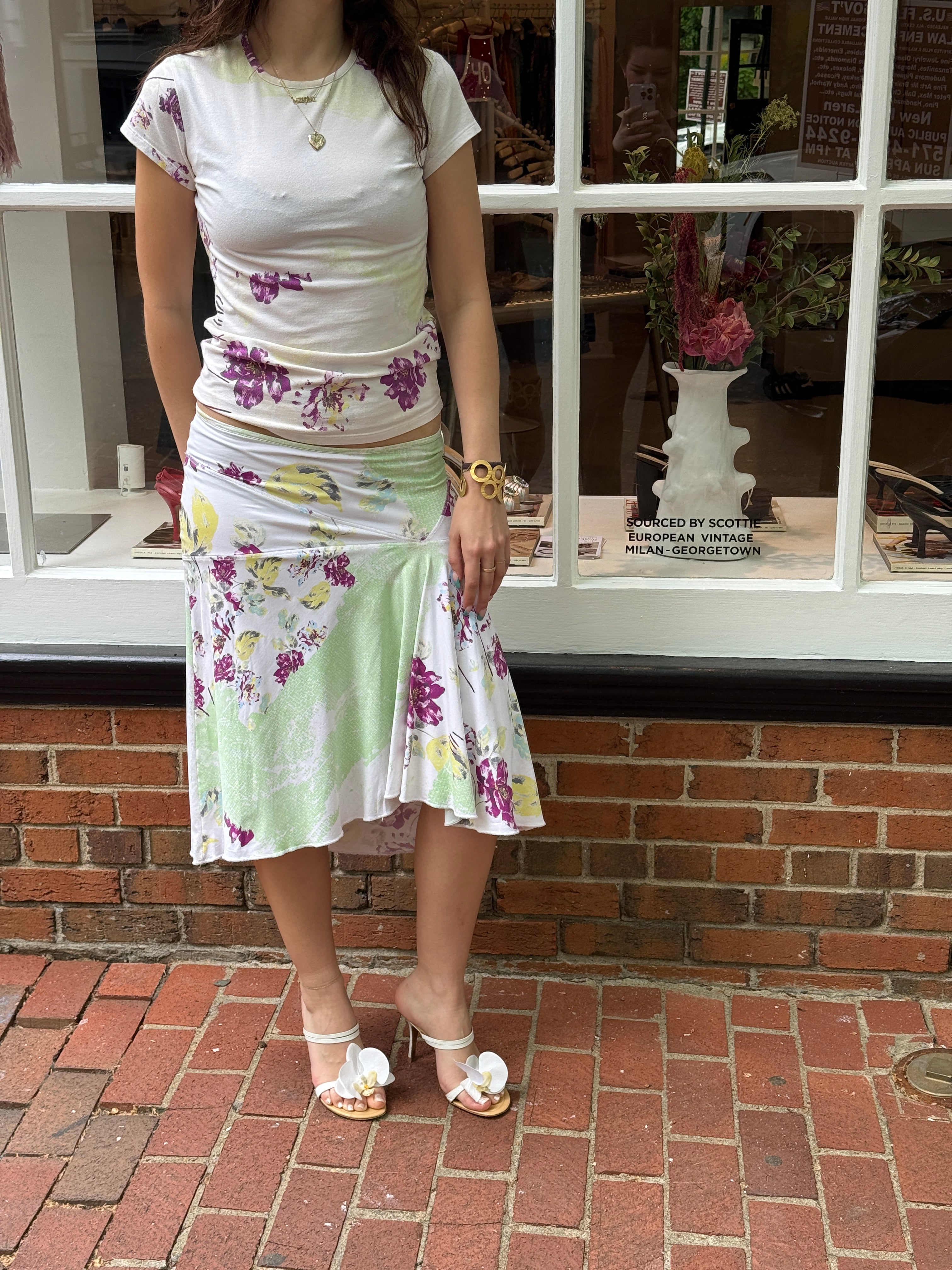 Just Cavalli 2000s Cream Purple Floral Watercolor Tee and Midi Skirt Set - S