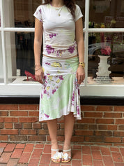 Just Cavalli 2000s Cream Purple Floral Watercolor Tee and Midi Skirt Set - S