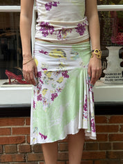Just Cavalli 2000s Cream Purple Floral Watercolor Tee and Midi Skirt Set - S
