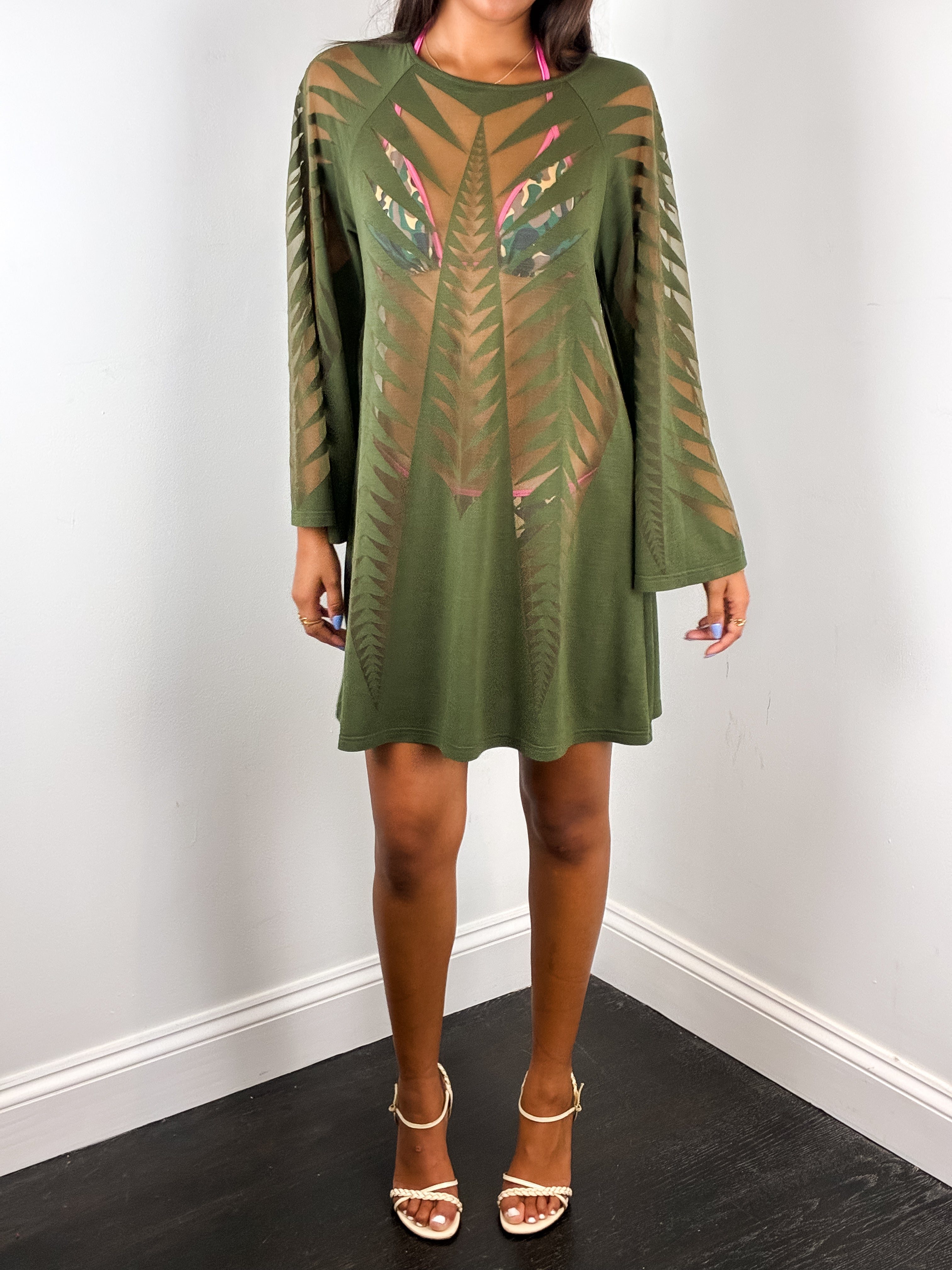 Pin-Up Cruise 2000s Olive Cutout Long Sleeve Cover-Up Dress - S/M