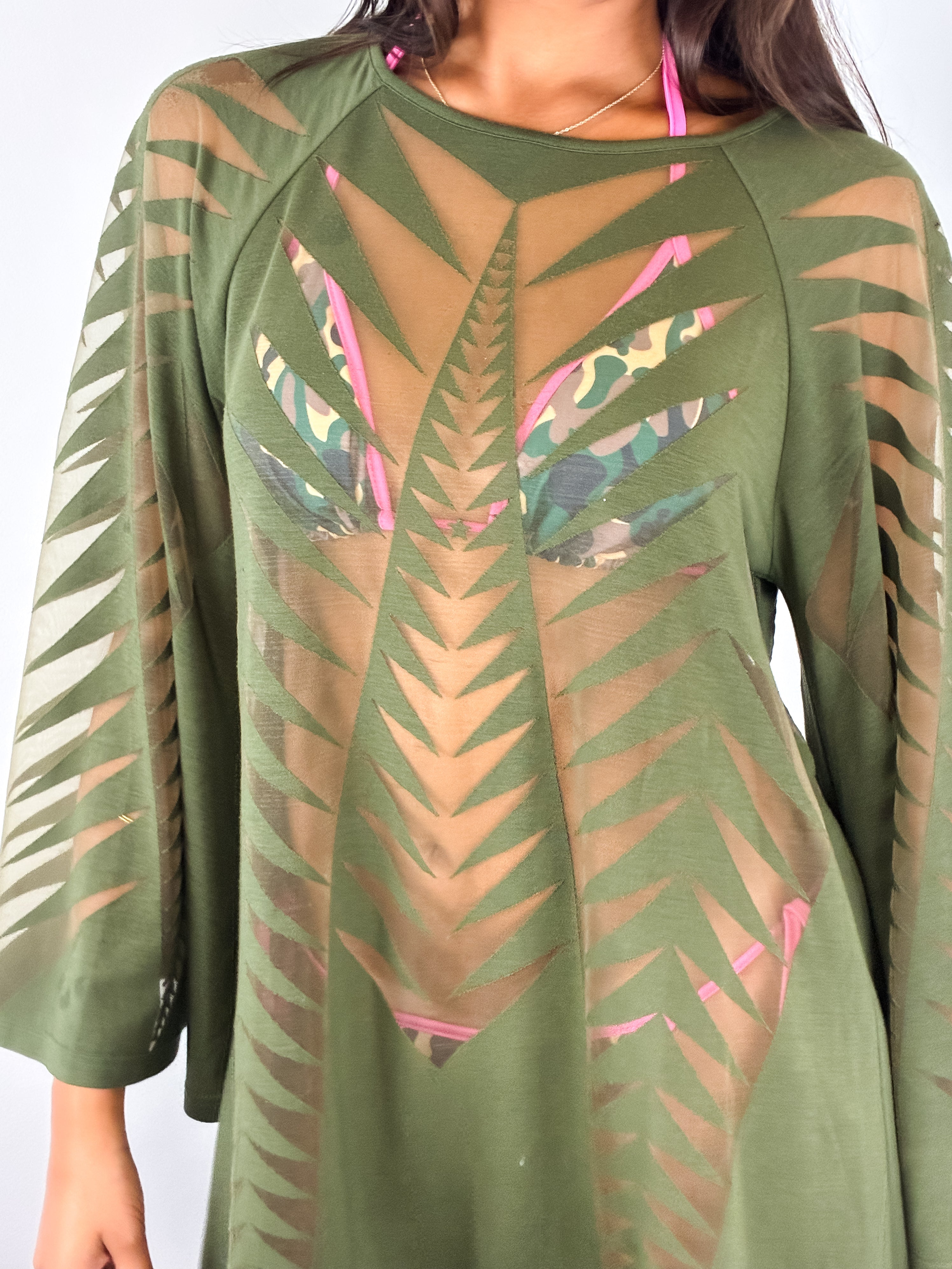 Pin-Up Cruise 2000s Olive Cutout Long Sleeve Cover-Up Dress - S/M