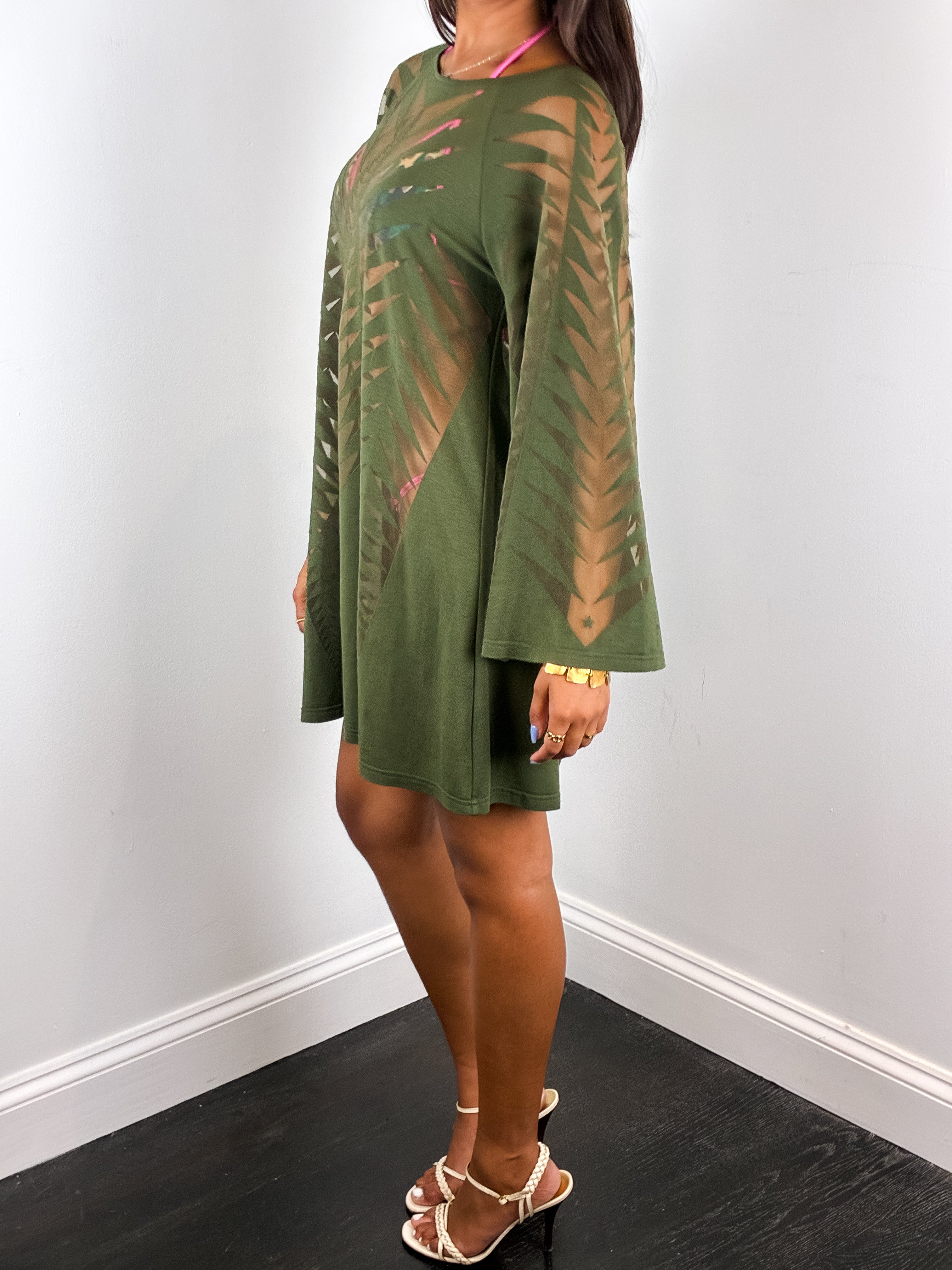 Pin-Up Cruise 2000s Olive Cutout Long Sleeve Cover-Up Dress - S/M