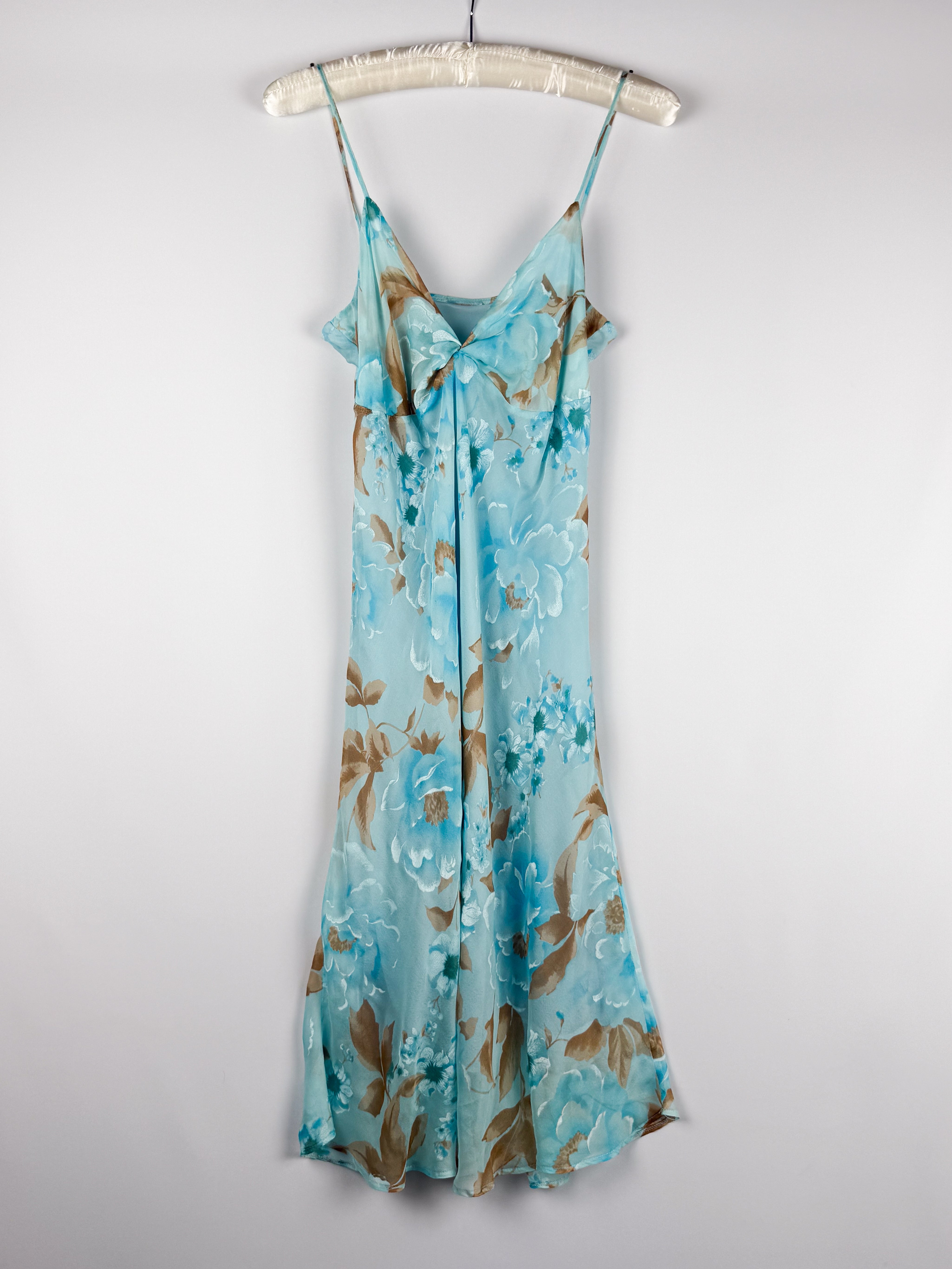 2000s Blue Floral Silk Slip Dress - M