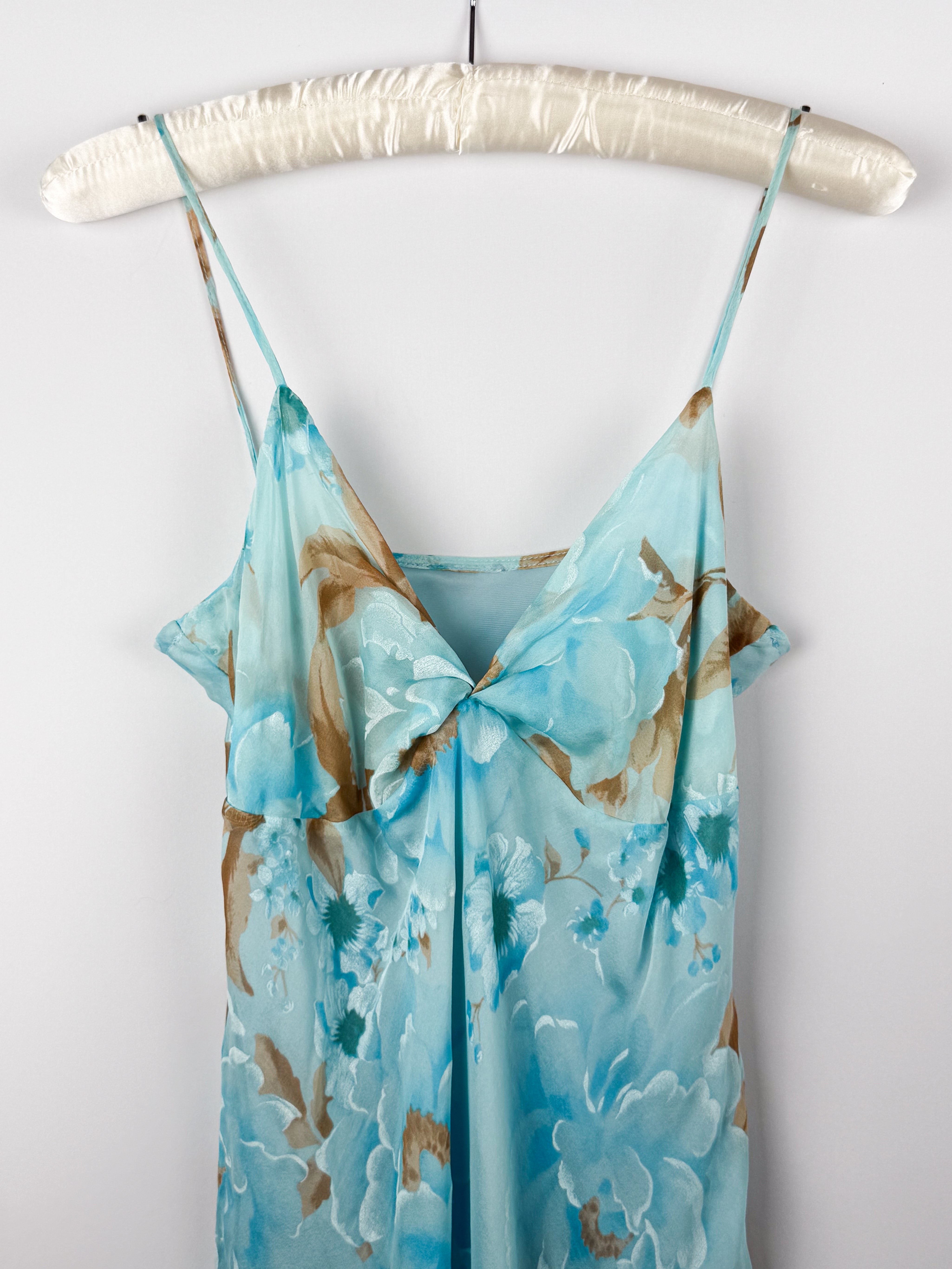 2000s Blue Floral Silk Slip Dress - M
