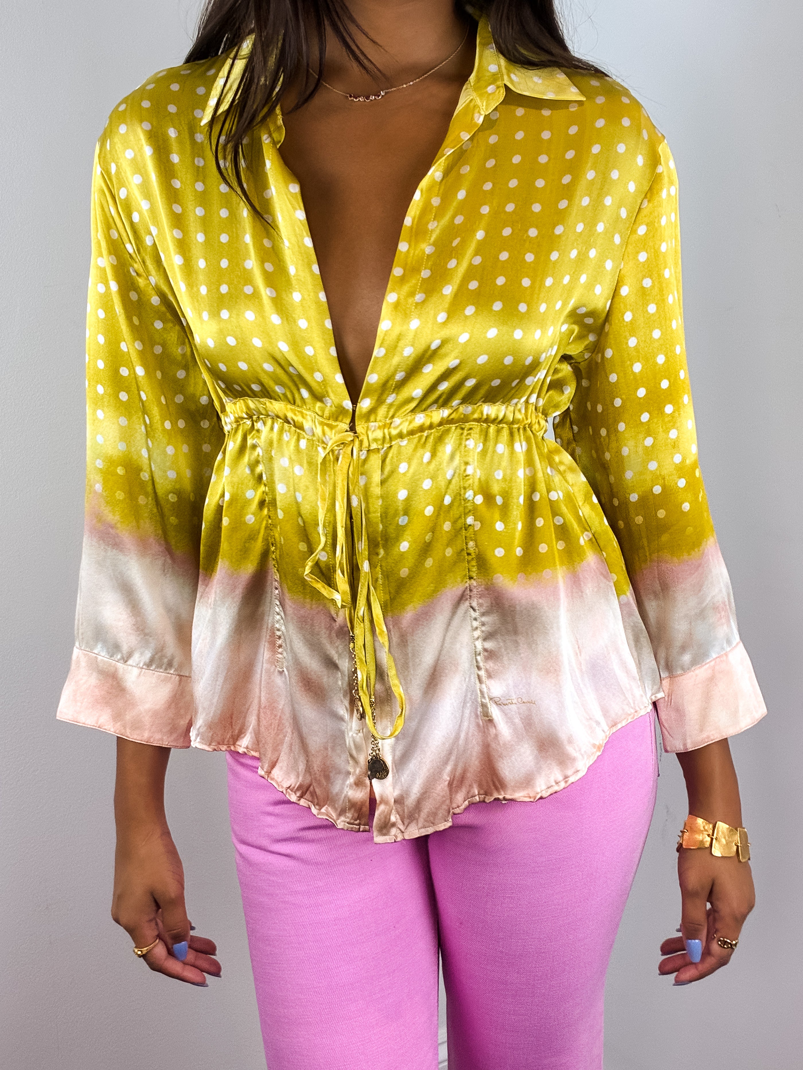 Roberto Cavalli 2004 Yellow Polka Dot Ombre Silk Blouse - M/L