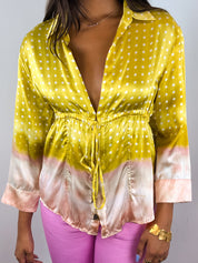 Roberto Cavalli 2004 Yellow Polka Dot Ombre Silk Blouse - M/L