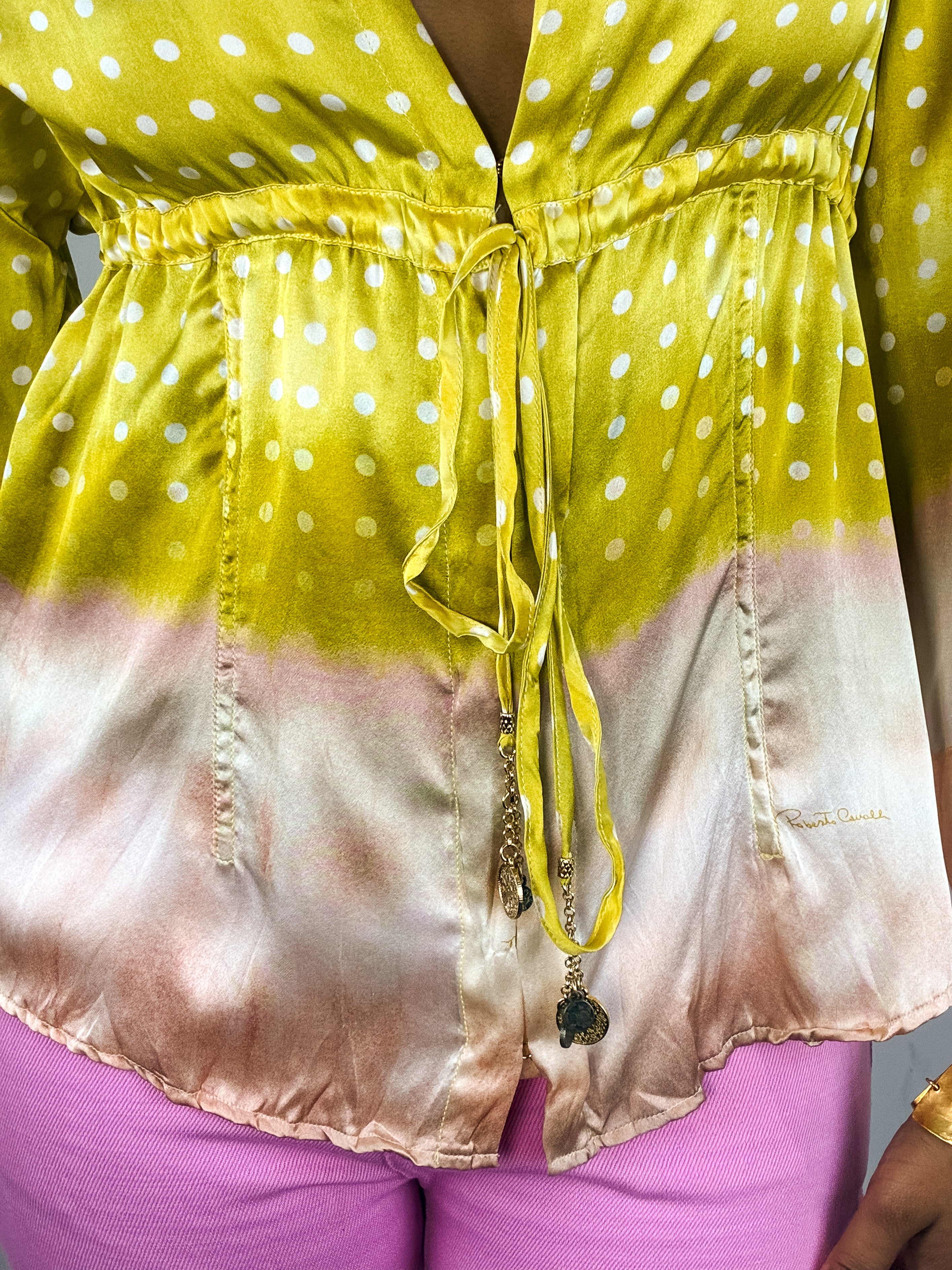 Roberto Cavalli 2004 Yellow Polka Dot Ombre Silk Blouse - M/L