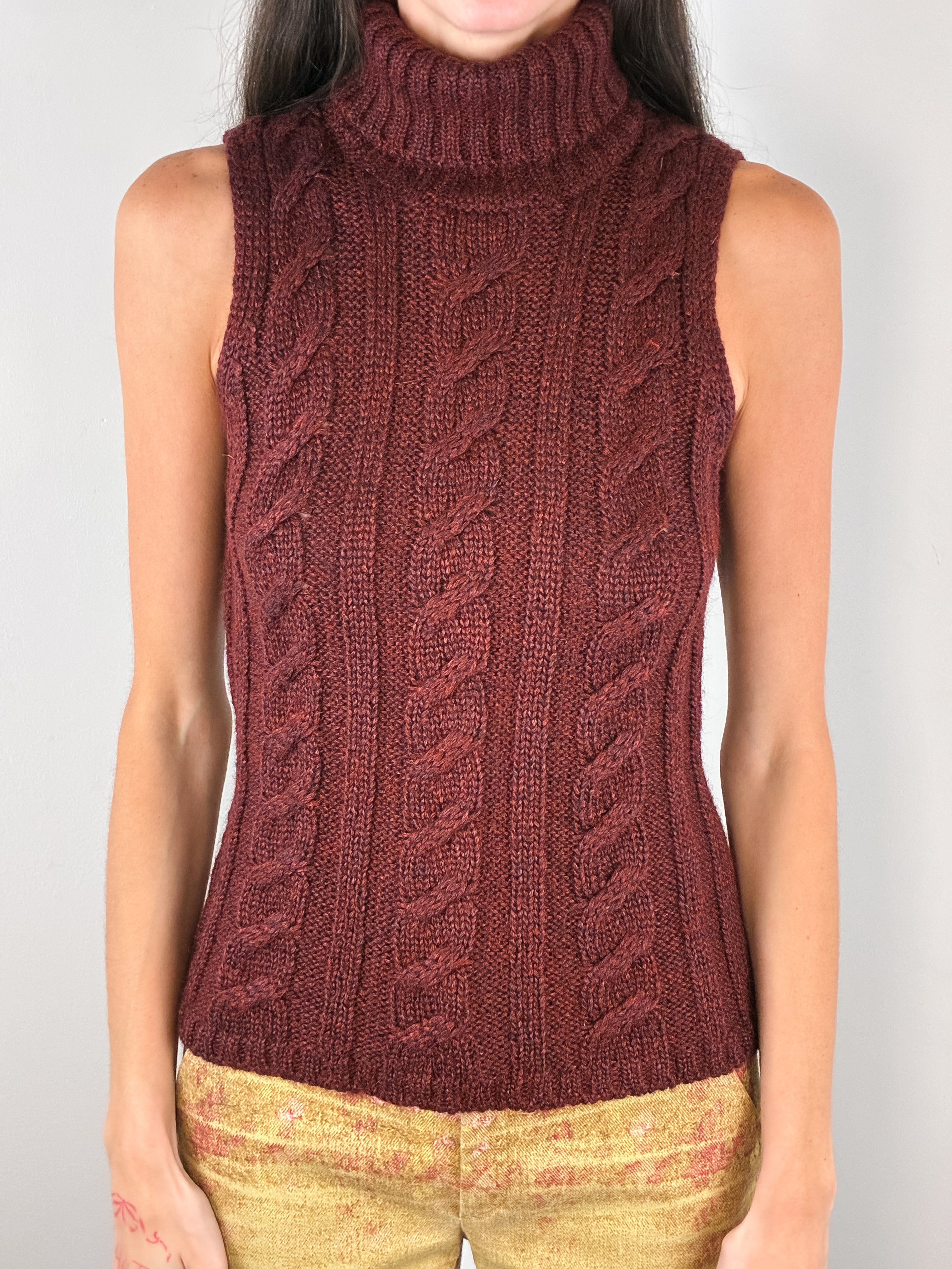 Luisa Spagnoli 2000s Burgundy Mohair Cable Knit Turtleneck Tank - XS-M