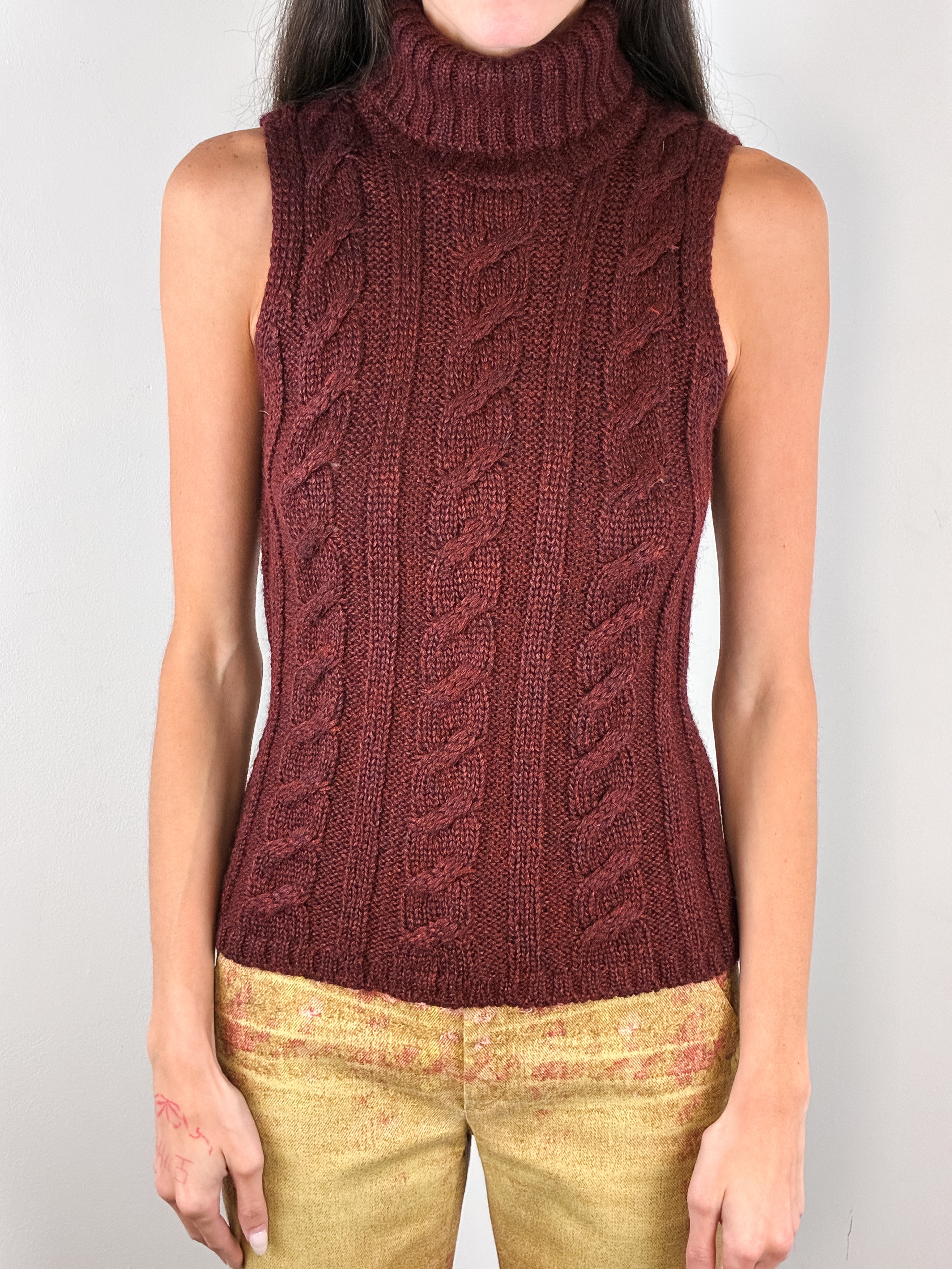 Luisa Spagnoli 2000s Burgundy Mohair Cable Knit Turtleneck Tank - XS-M