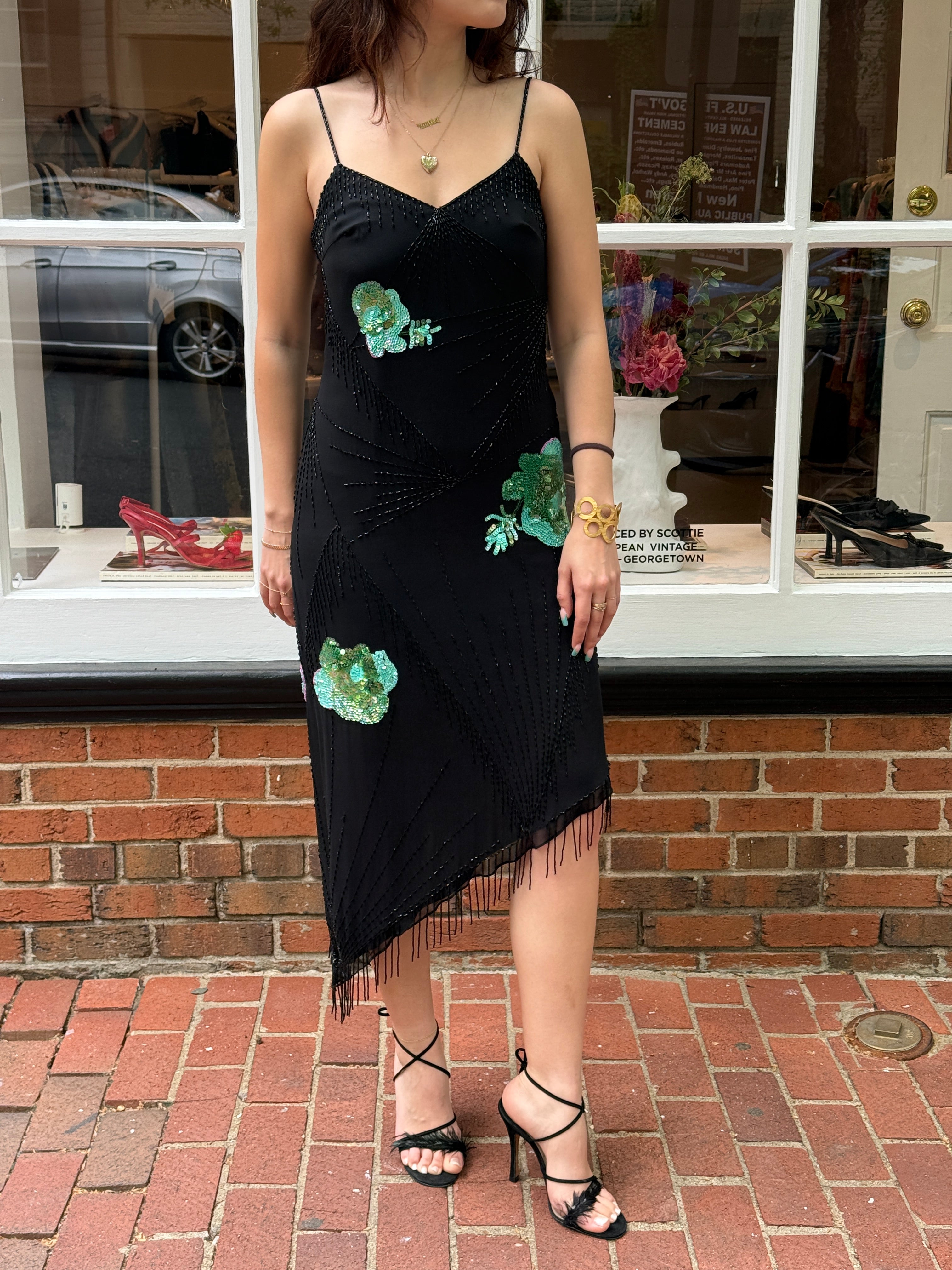 Mariella Burani 1990s Black Silk Beaded Sequin Floral Asymmetric Fringe Slip Dress - S