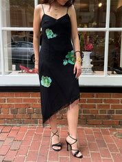 Mariella Burani 1990s Black Silk Beaded Sequin Floral Asymmetric Fringe Slip Dress - S