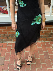 Mariella Burani 1990s Black Silk Beaded Sequin Floral Asymmetric Fringe Slip Dress - S