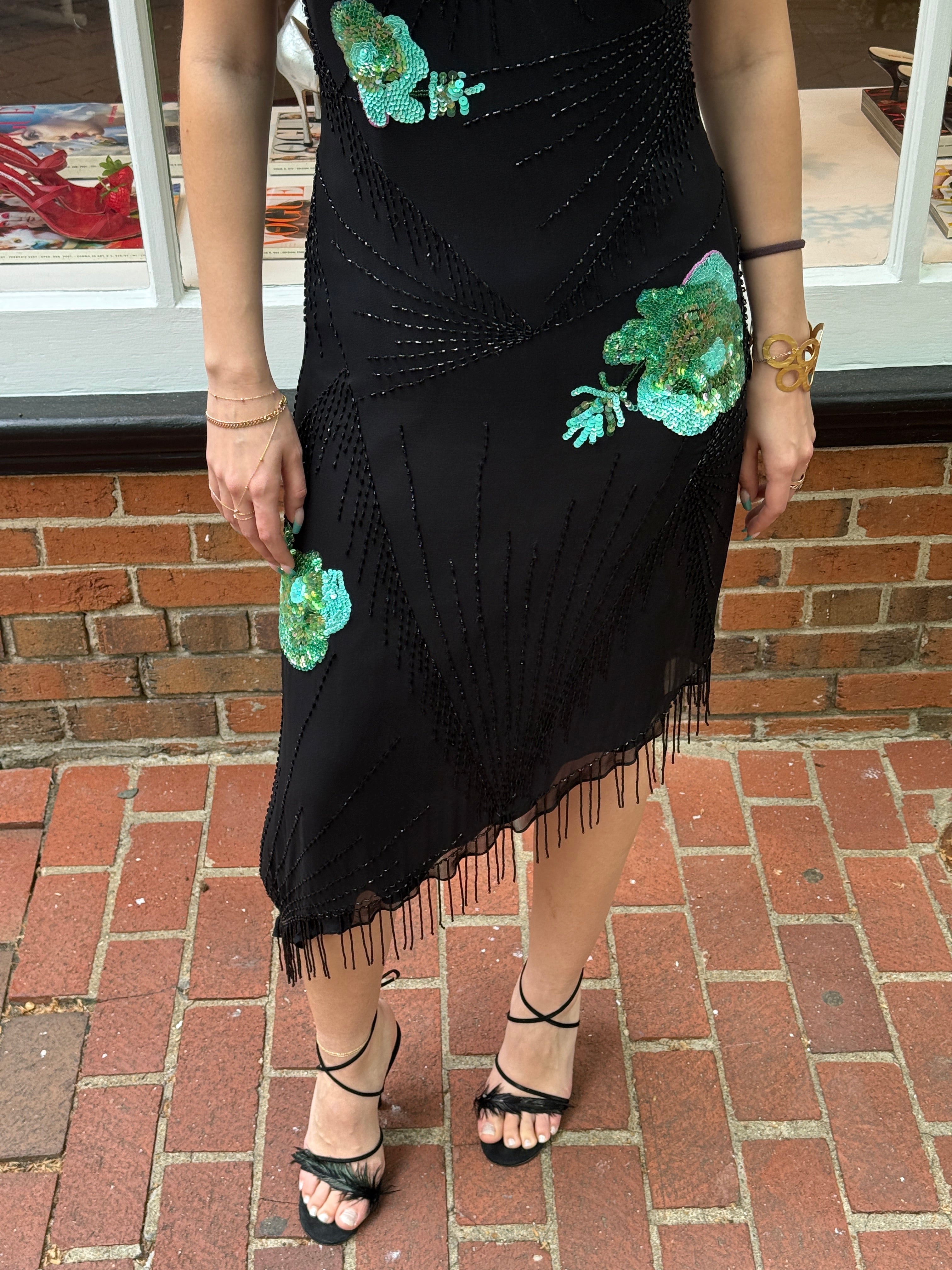 Mariella Burani 1990s Black Silk Beaded Sequin Floral Asymmetric Fringe Slip Dress - S