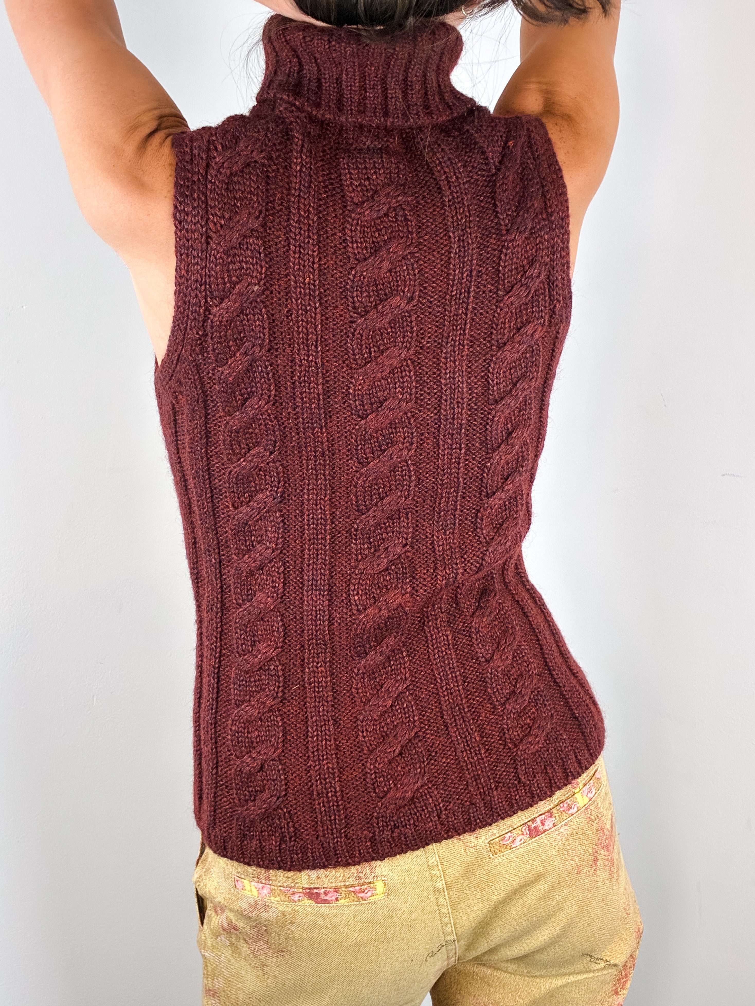 Luisa Spagnoli 2000s Burgundy Mohair Cable Knit Turtleneck Tank - XS-M