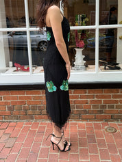 Mariella Burani 1990s Black Silk Beaded Sequin Floral Asymmetric Fringe Slip Dress - S