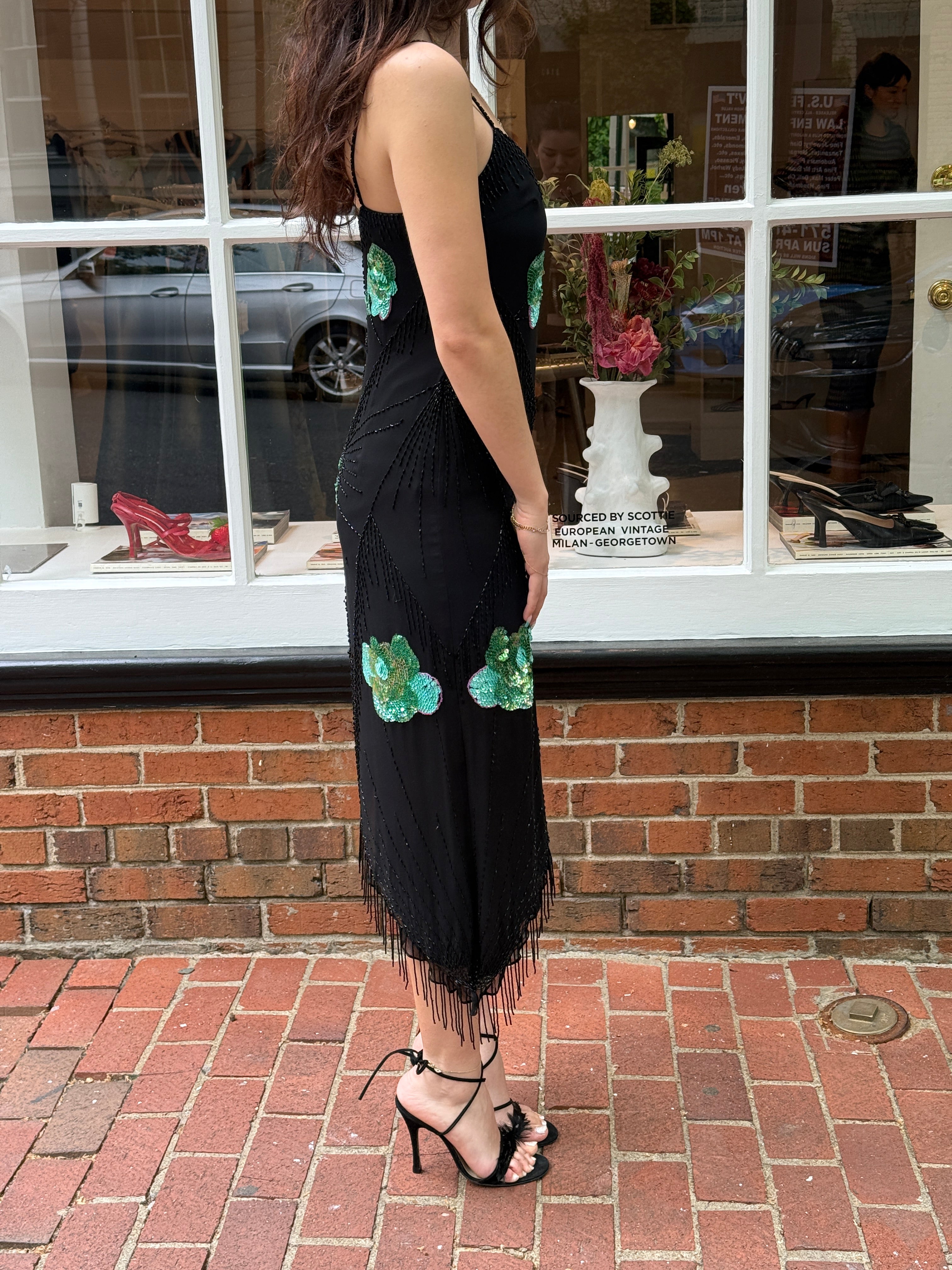 Mariella Burani 1990s Black Silk Beaded Sequin Floral Asymmetric Fringe Slip Dress - S