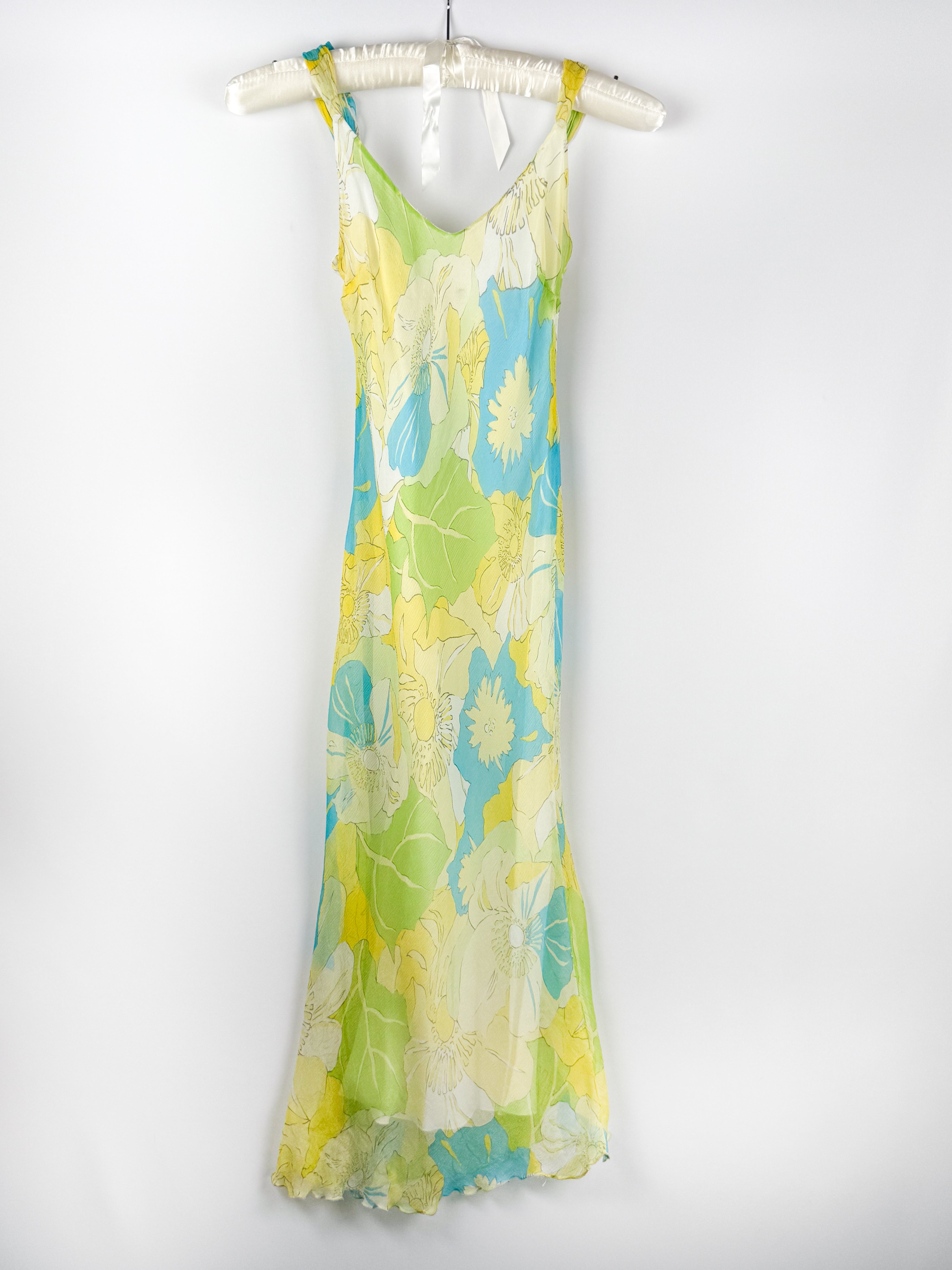 2000s Green Floral Silk Maxi Dress - S