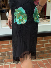 Mariella Burani 1990s Black Silk Beaded Sequin Floral Asymmetric Fringe Slip Dress - S