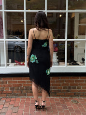 Mariella Burani 1990s Black Silk Beaded Sequin Floral Asymmetric Fringe Slip Dress - S