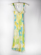 2000s Green Floral Silk Maxi Dress - S