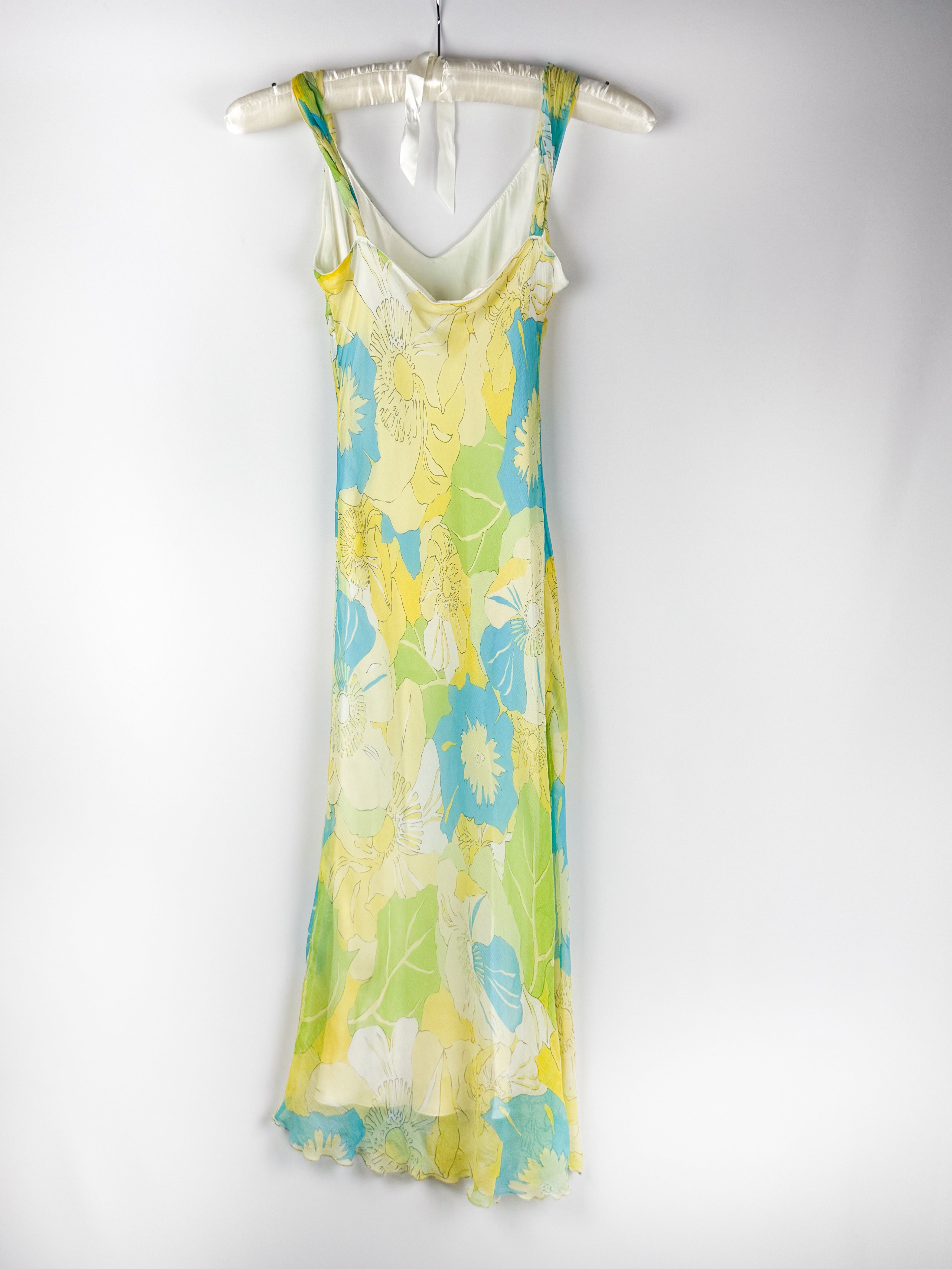 2000s Green Floral Silk Maxi Dress - S