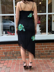 Mariella Burani 1990s Black Silk Beaded Sequin Floral Asymmetric Fringe Slip Dress - S