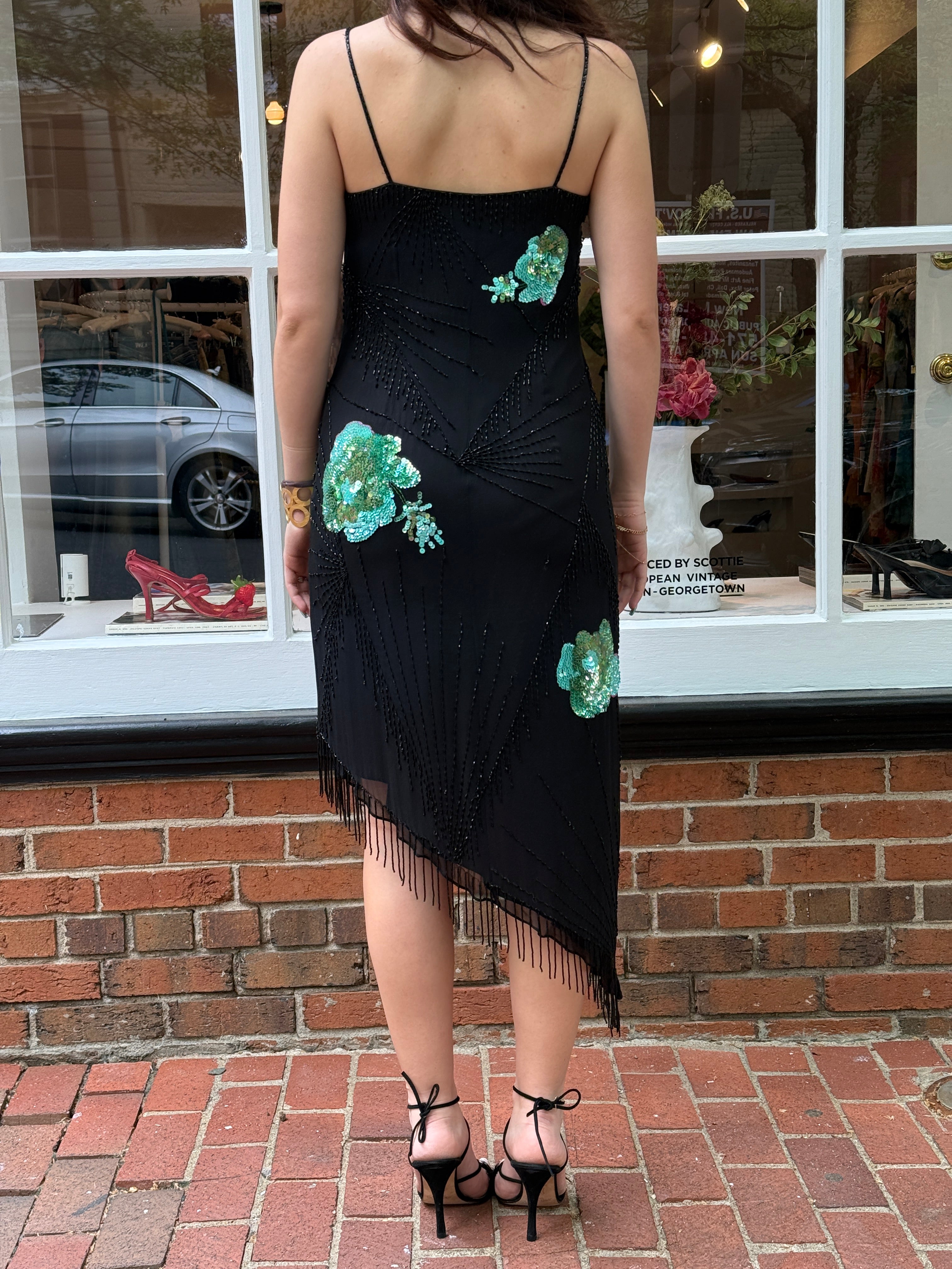 Mariella Burani 1990s Black Silk Beaded Sequin Floral Asymmetric Fringe Slip Dress - S