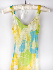 2000s Green Floral Silk Maxi Dress - S
