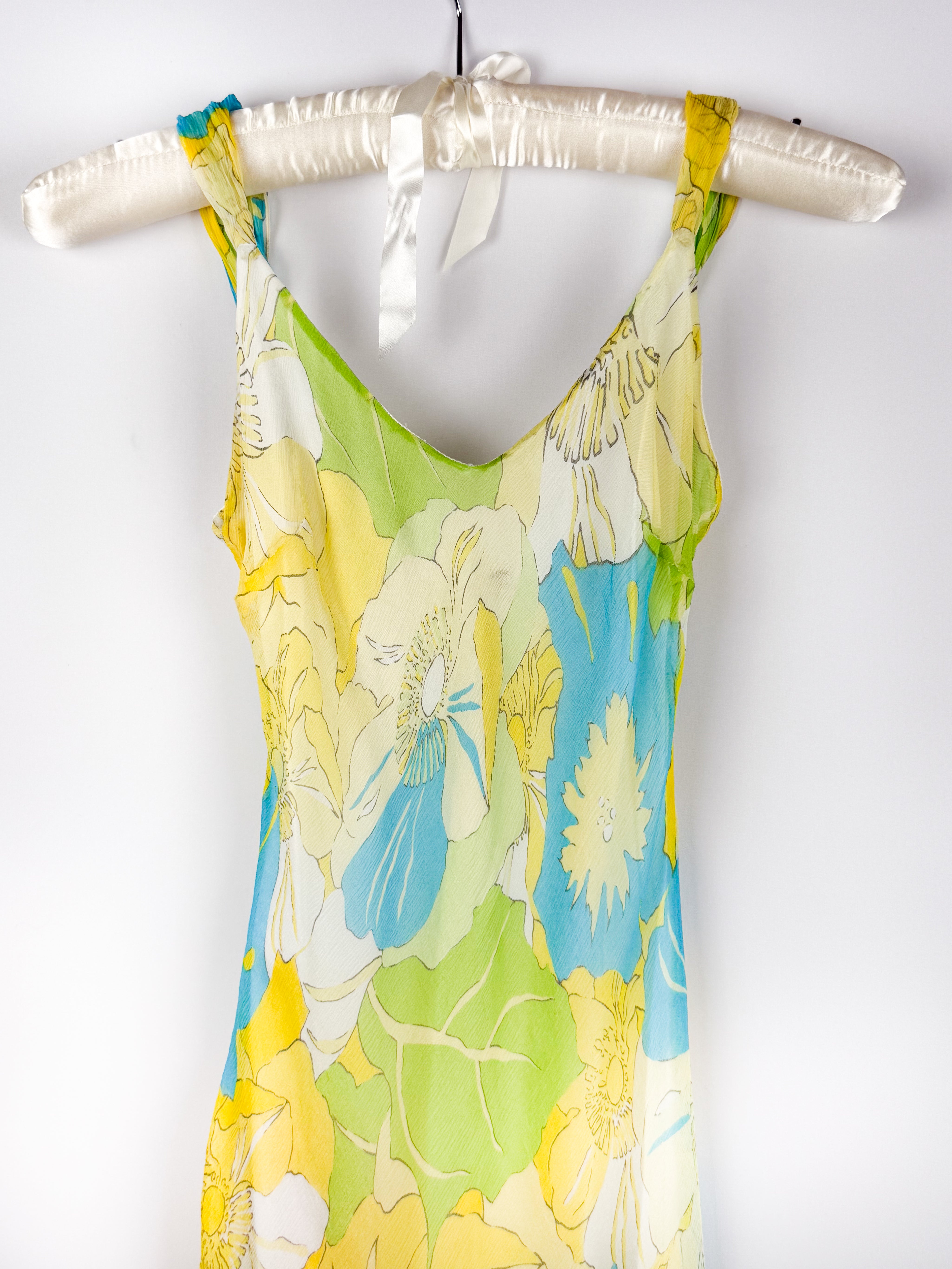 2000s Green Floral Silk Maxi Dress - S