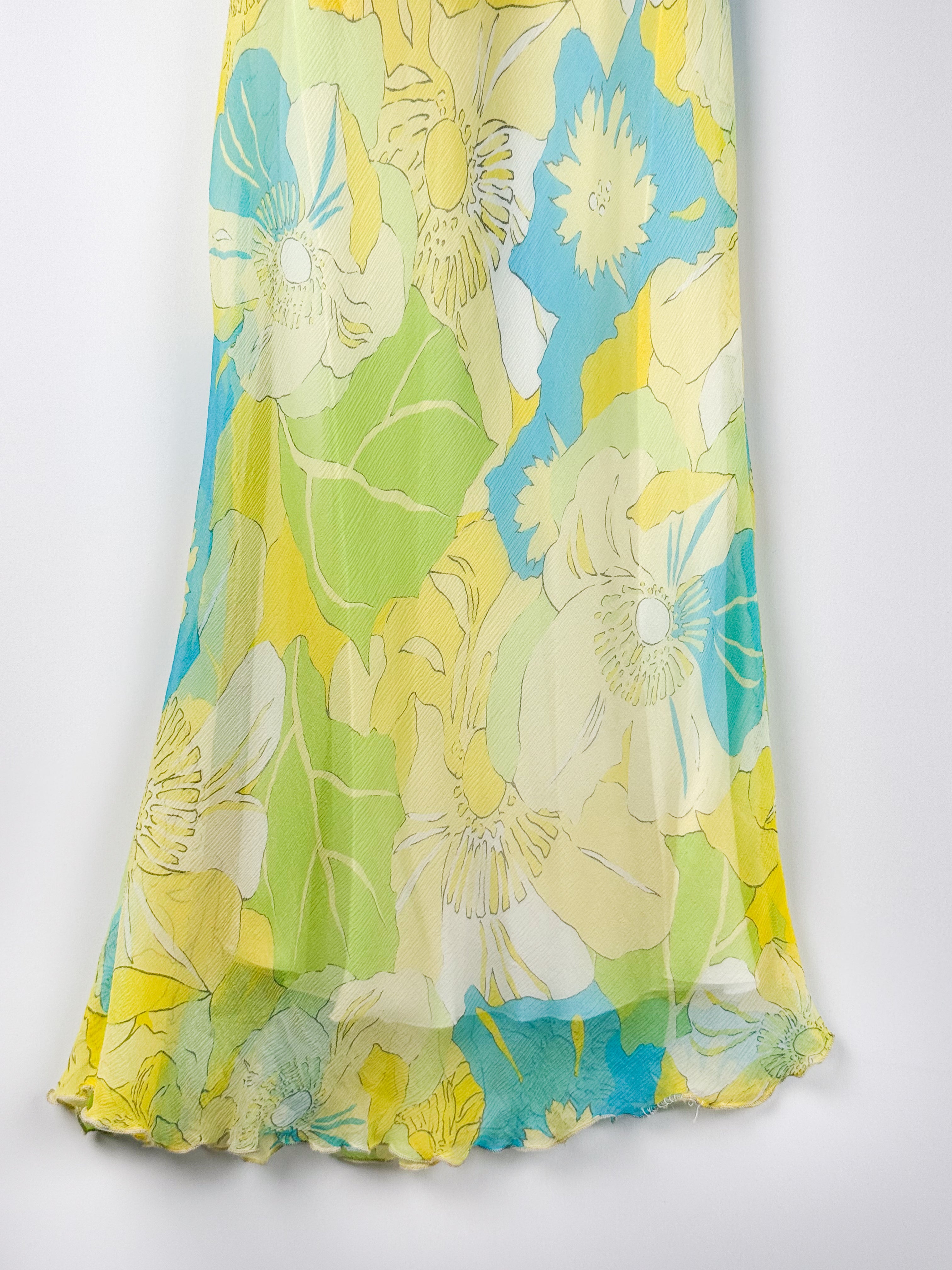 2000s Green Floral Silk Maxi Dress - S