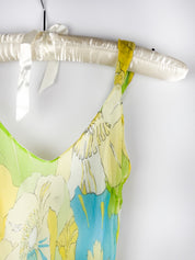 2000s Green Floral Silk Maxi Dress - S