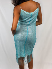 My Michelle 2000s Turquoise Mirror Sequin Fringe Midi Dress - S/M