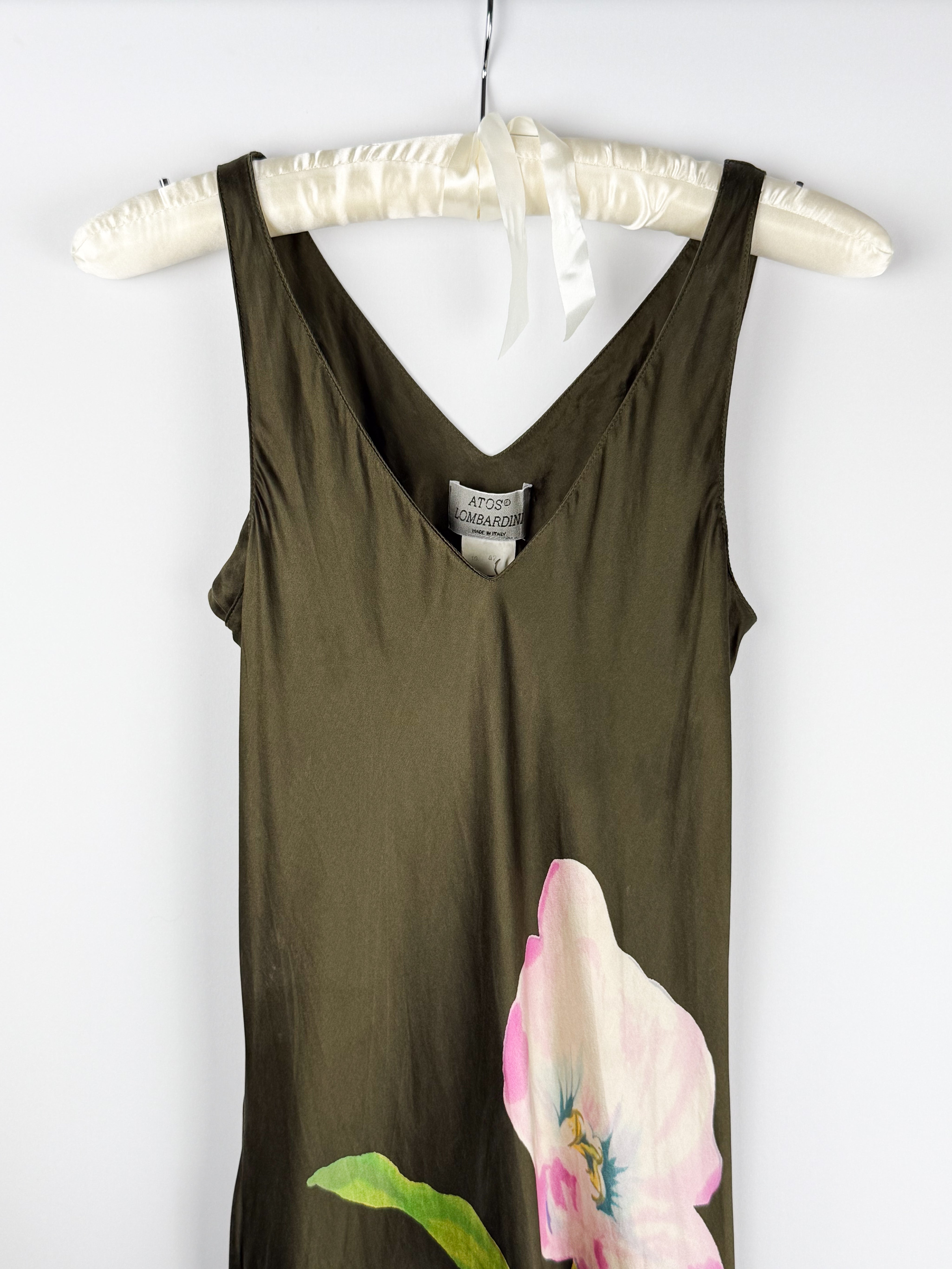 Atos Lombardini 2000s Olive Floral Silk Maxi Dress -  As Is - S