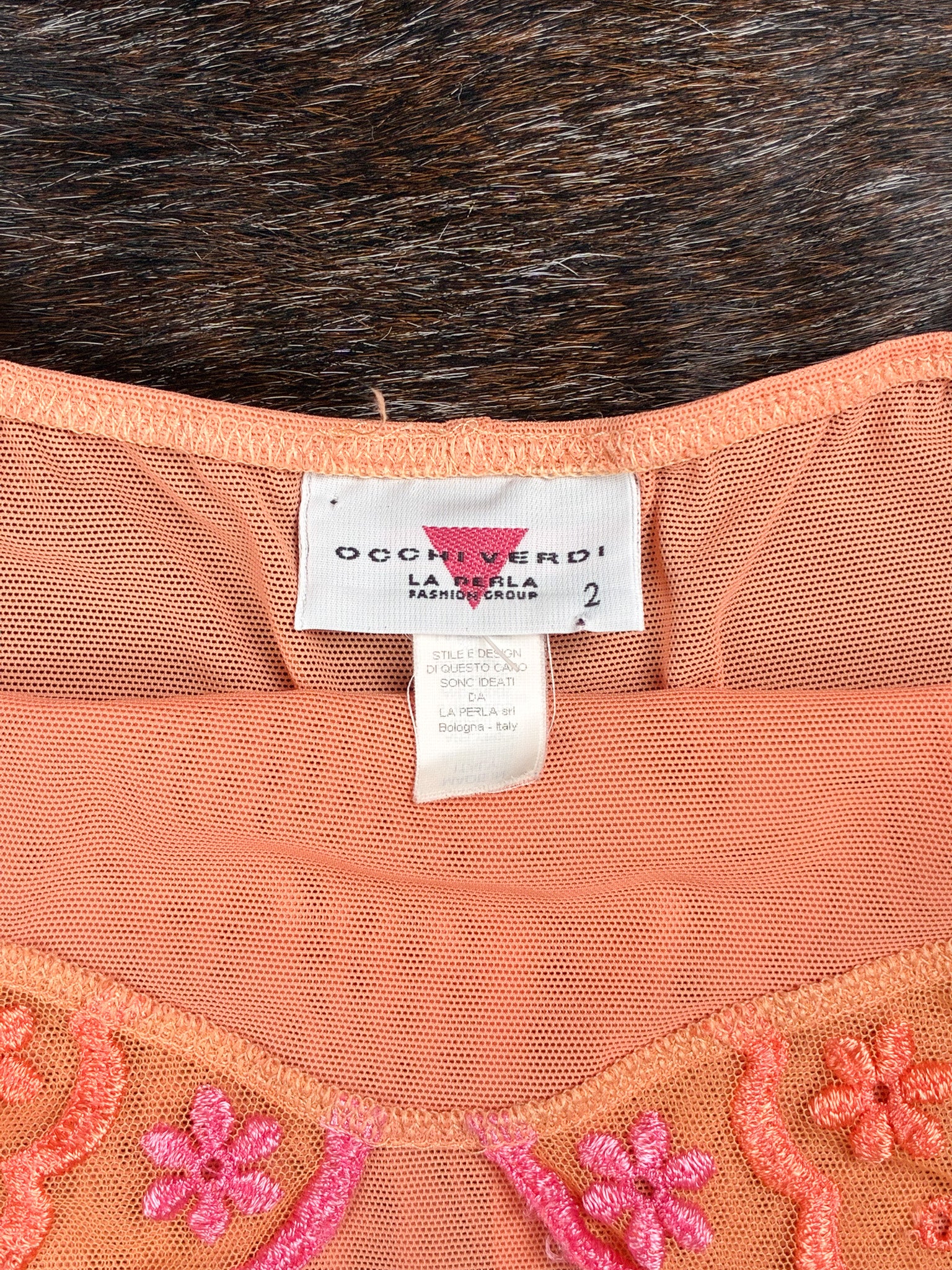 La Perla Orange Mesh Slip Dress with Pink Flowers