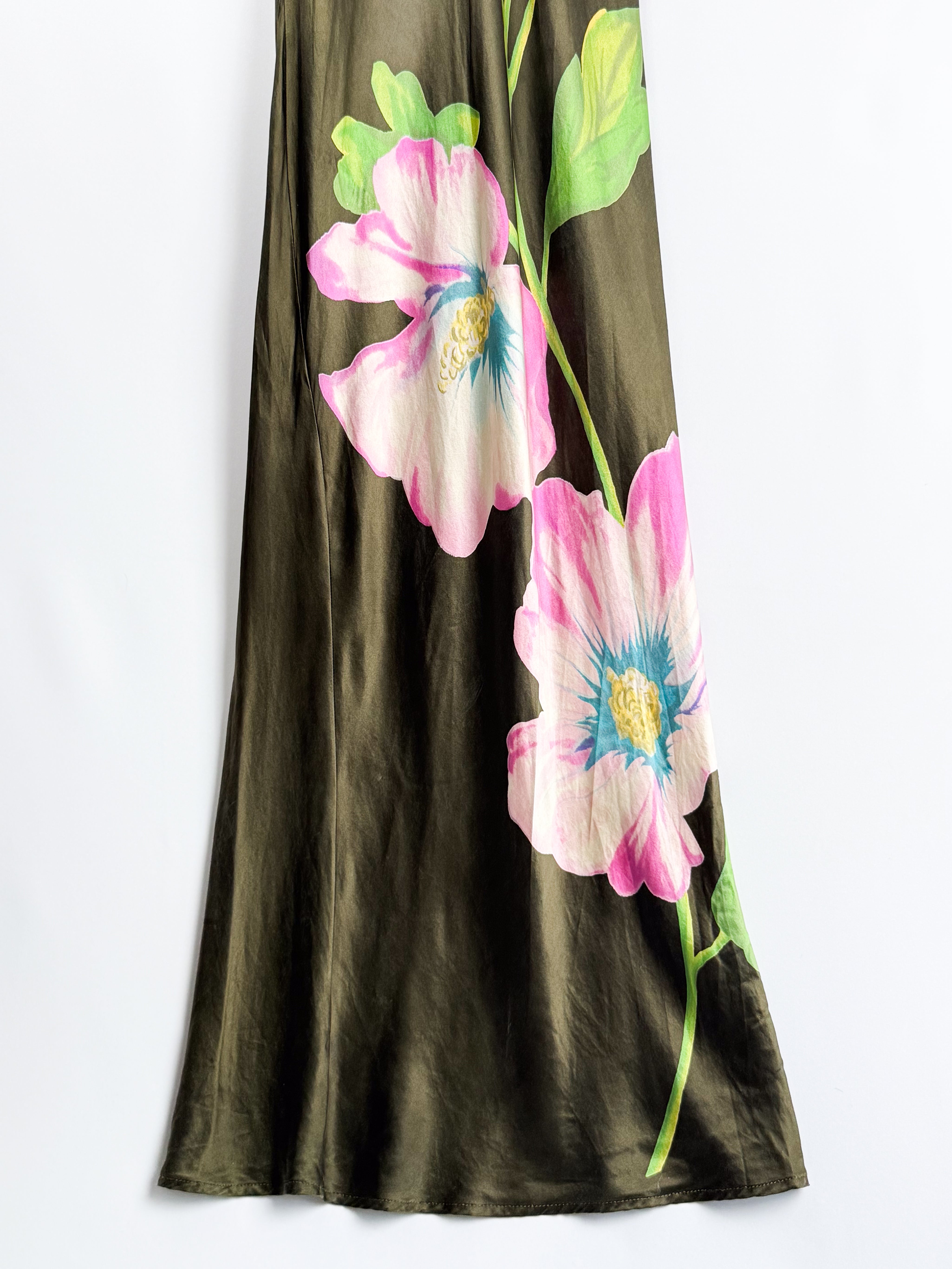 Atos Lombardini 2000s Olive Floral Silk Maxi Dress -  As Is - S