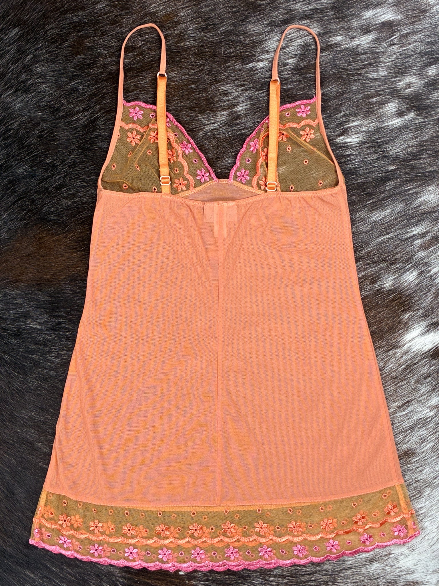 La Perla Orange Mesh Slip Dress with Pink Flowers