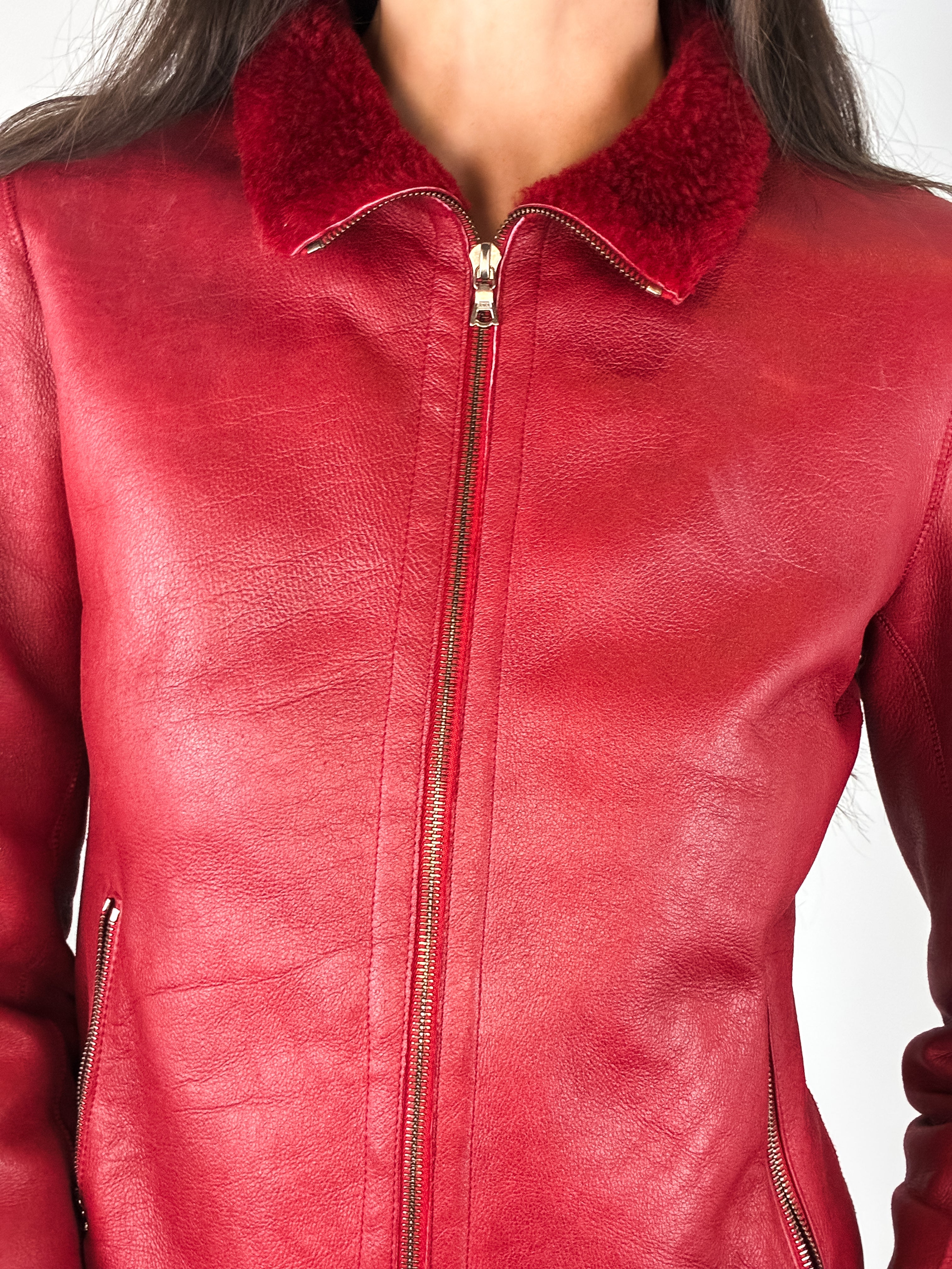 Santacroce Firenze 2000s Red Leather Shearling Jacket - S