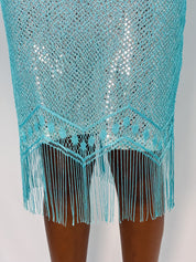 My Michelle 2000s Turquoise Mirror Sequin Fringe Midi Dress - S/M