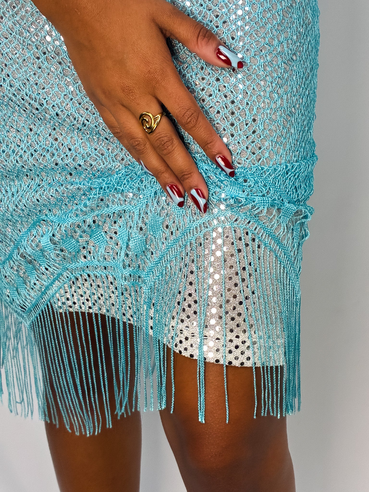 My Michelle 2000s Turquoise Mirror Sequin Fringe Midi Dress - S/M