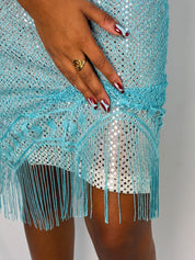 My Michelle 2000s Turquoise Mirror Sequin Fringe Midi Dress - S/M