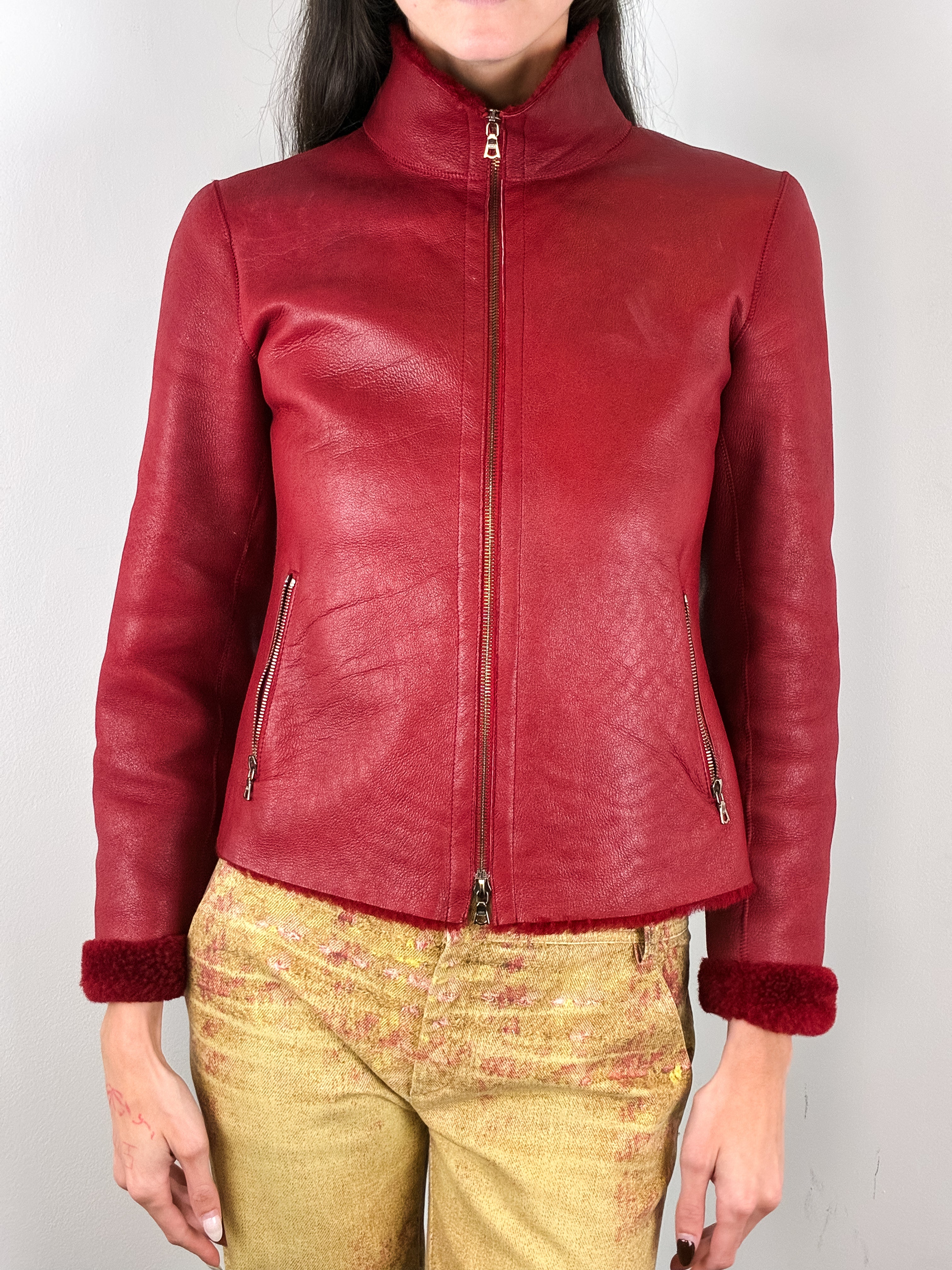Santacroce Firenze 2000s Red Leather Shearling Jacket - S