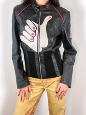 E-Play 2000s Black Leather Shaka Appliqué Moto Jacket - M/L