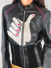 E-Play 2000s Black Leather Shaka Appliqué Moto Jacket - M/L